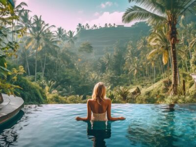 Beautiful Woman Sitting By Pool In Bikini resting on wooden poolside against tropical Bali landscape, Generative AI