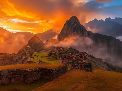 The ancient ruins of Machu Picchu are located in the Andes Mountains of Peru.