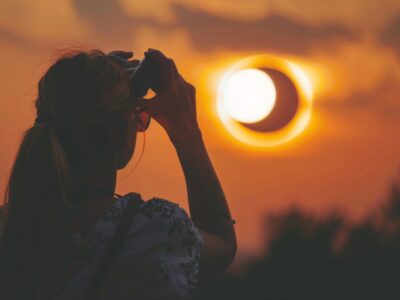 A total solar eclipse with the sun view from the beach at sunset Concept of people weather science and space, solar system atmosphere