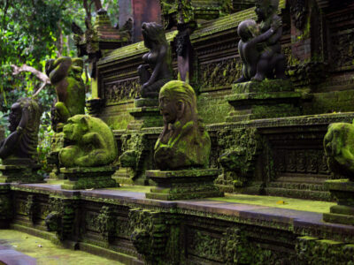 Spiritual place and temple on Bali island, Indonesia. Traditional stone statues