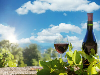 a bottle and a glass of red wine, outdoors