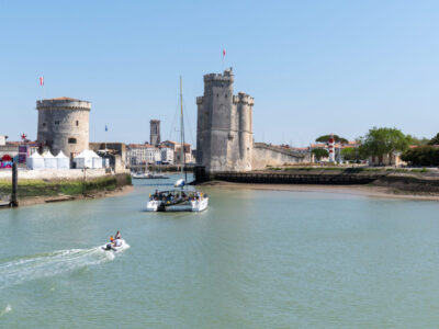 La Rochelle , Aquitaine / France - 11 19 2019 : Panorama of ancient old harbor of La Rochelle France from boat