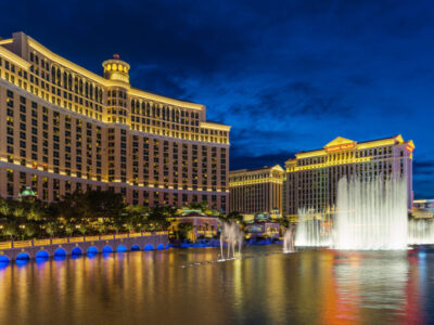 Panorama photo for Cityscape of las vegas city with fountain show  in paris area, Las Vegas, Nevada, United States on 12Apr 2022