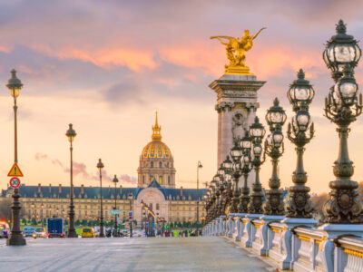 The Alexander III Bridge across Seine river in Paris, France at sunrise