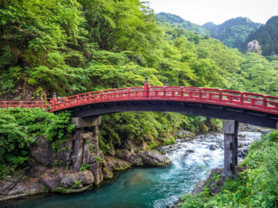 Futarasan jinja. Red wooden Shinkyo bridge, Nikko, Japan