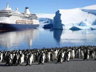 A large cruise ship sails past a colony of penguins near an iceberg in Antarctica.