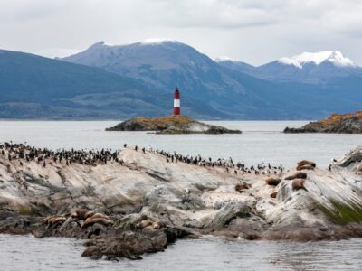 Lighthouse in the Beagle Channel near Ushuaia in Tierra del Fuego in southern Argentina, South America.