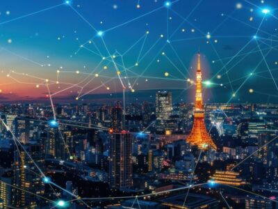 Digital technology and smart city concept with network connection on a blue background of a modern urban landscape, Japanese business district buildings in the evening time. High quality photo for design element. High resolution photography, sharp focus, studio light, soft box lighting, in the style of stock photo. --ar 16:7 Job ID: c59f010c-259a-46f2-bb75-1cf8758ed4e1