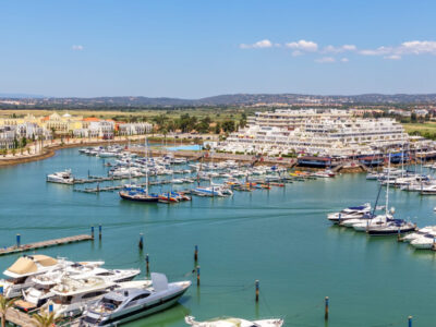 Aerial. View from the sky of marina and yacht Vilamoura. Algarve Faro.