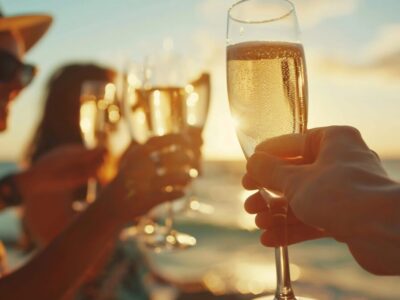 A group of happy friends toasting on the beach,