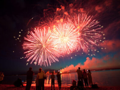 Holiday fireworks above water with reflection on the black sky background!!