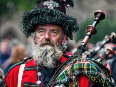 Classic attire of a bagpiper in Edinburgh Scotland